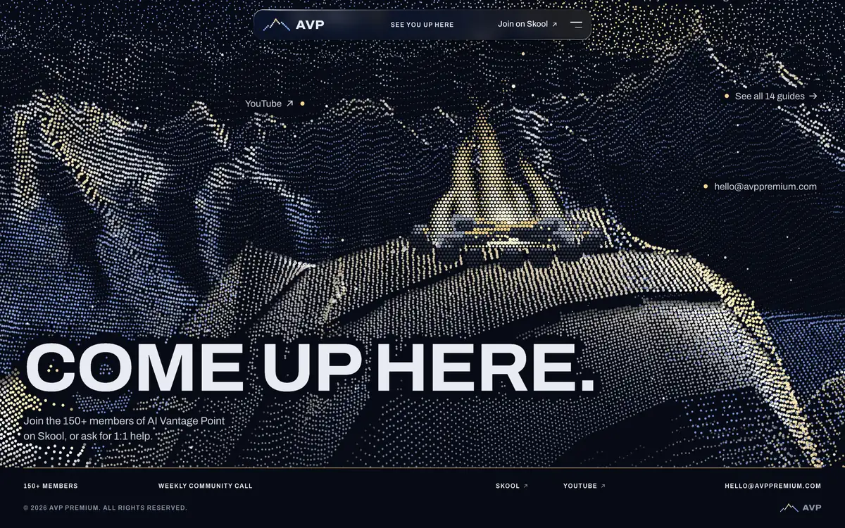 The homepage finale: a campfire on the mountain and “Come up here.”