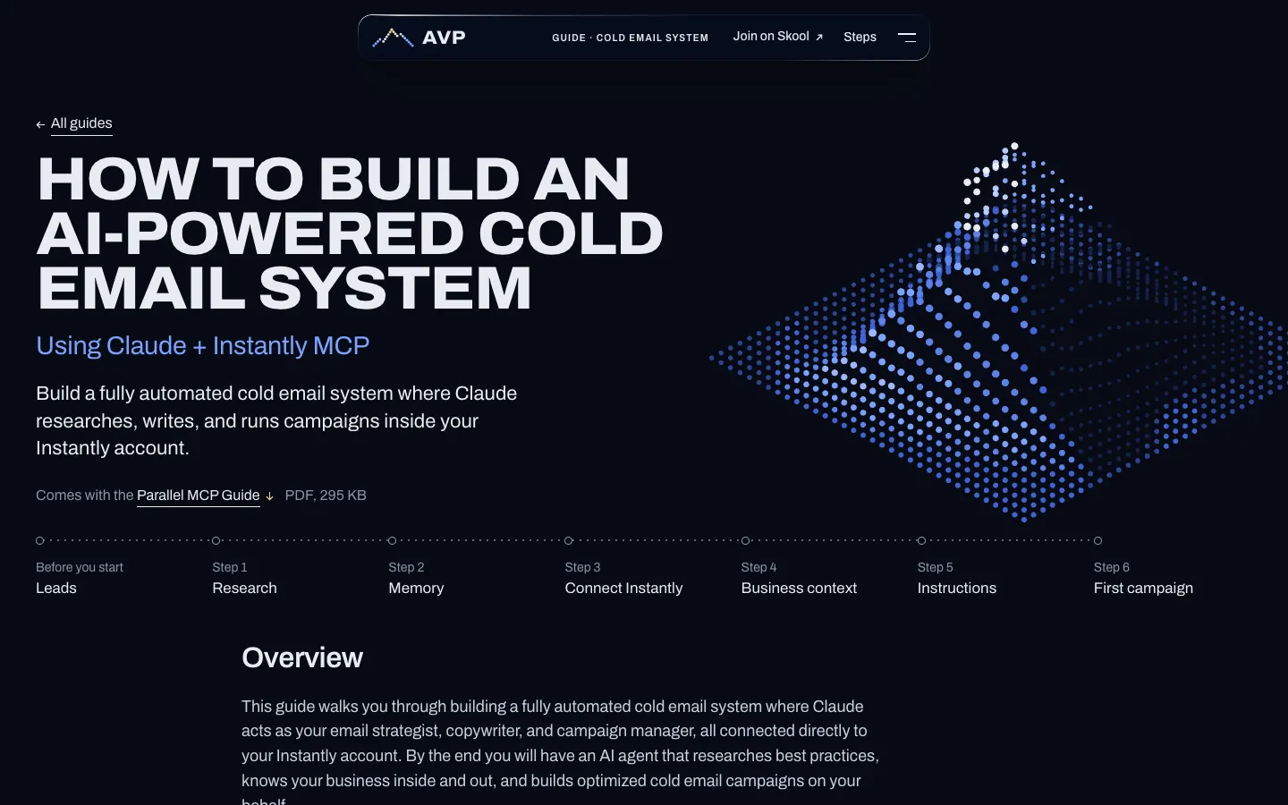 The cold email guide page, with a step rail and a 3D dot terrain.