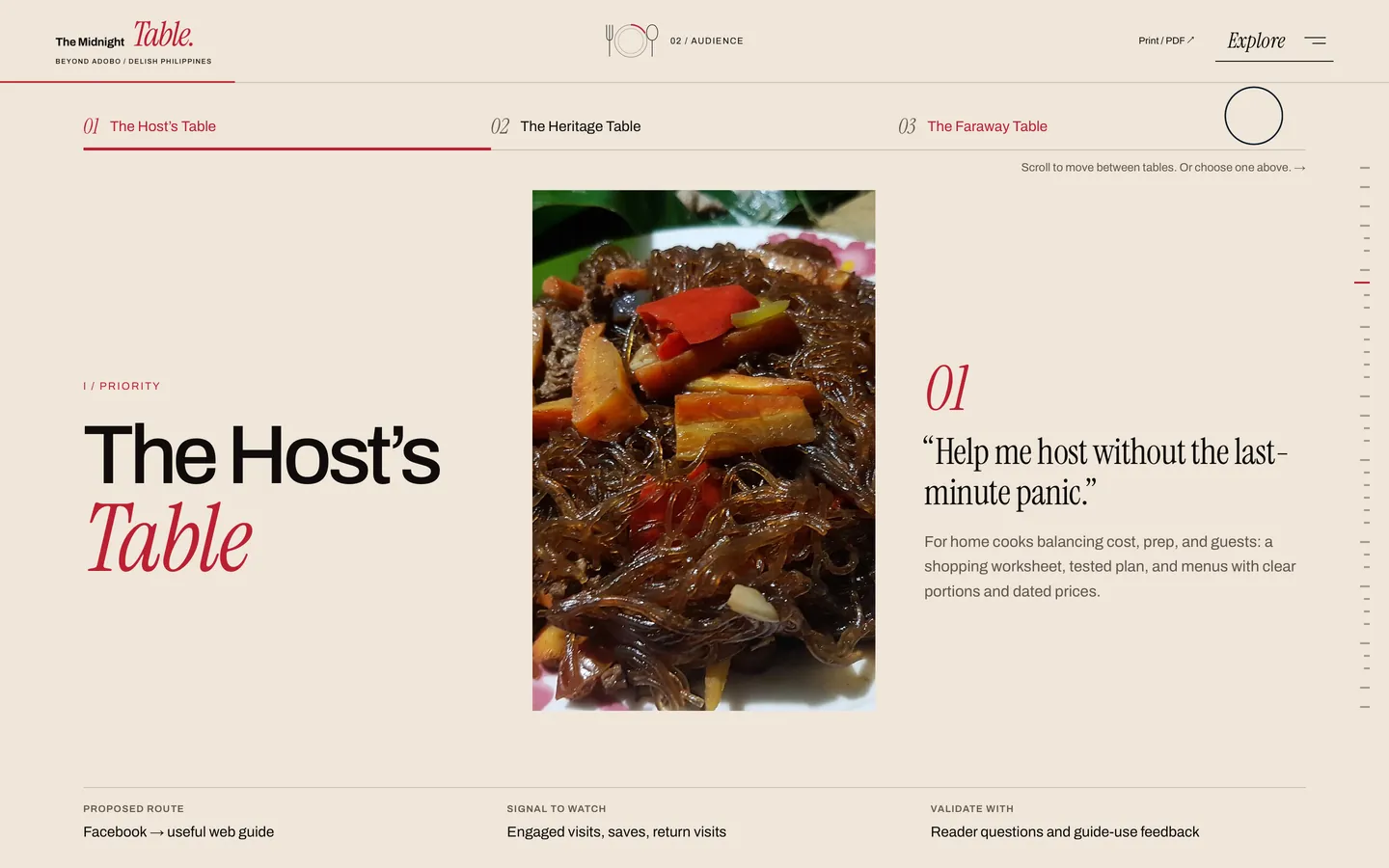 The Host’s Table: a reader’s need, “Help me host without the last-minute panic.”, beside a plate of pancit.