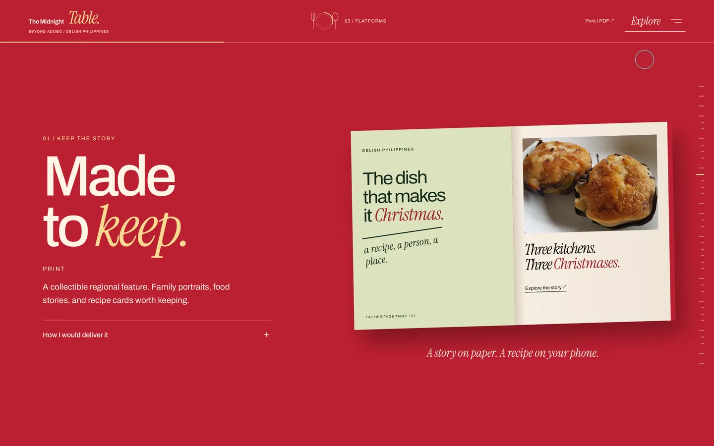 “Made to keep.”: a print feature, “The dish that makes it Christmas”, on a red page.