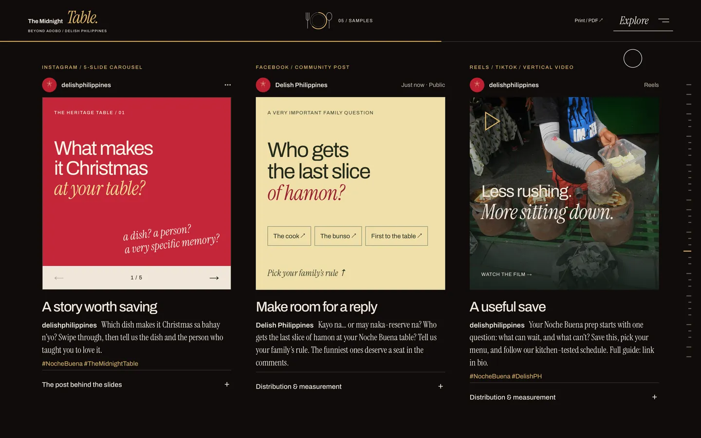 Three sample social posts: an Instagram carousel, a Facebook question and a Reel.