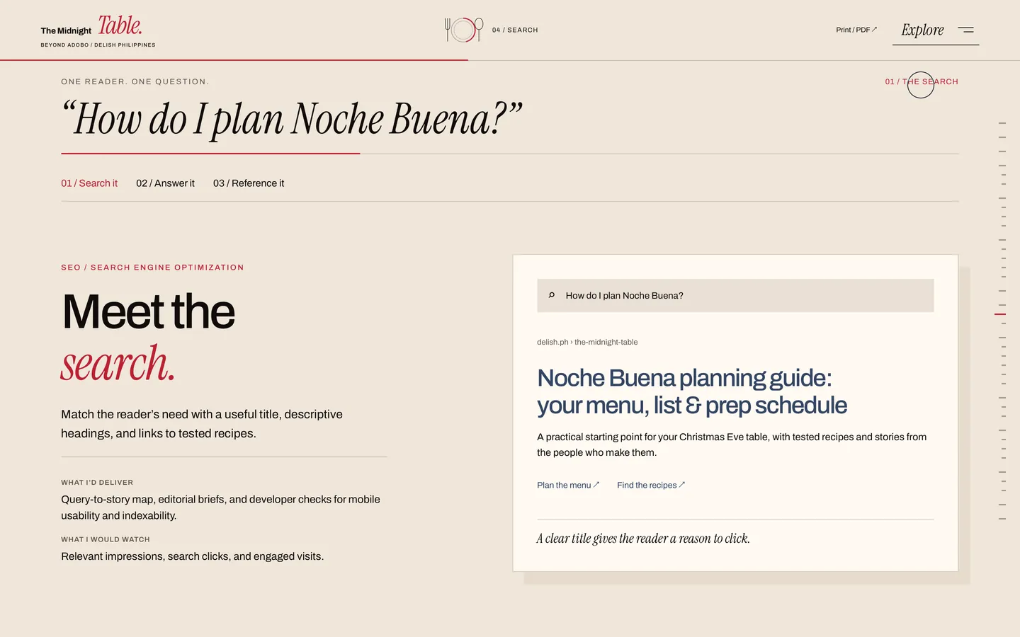 “Meet the search.”: one reader’s question, “How do I plan Noche Buena?”, and the search result it should find.