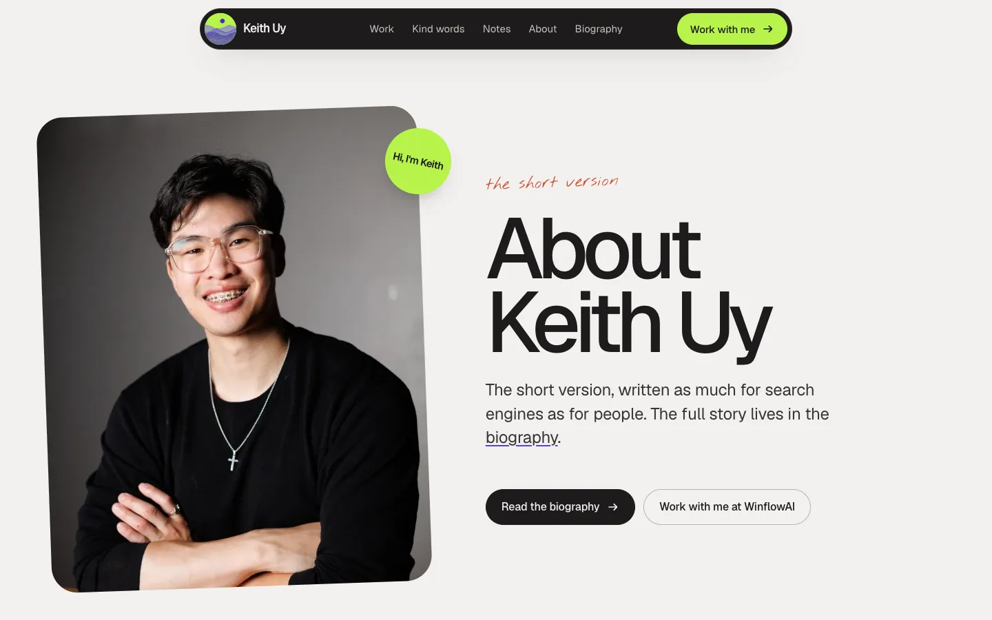 The About page with Keith’s portrait.