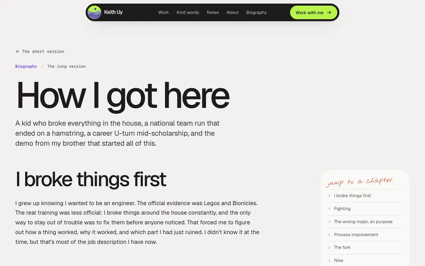 The Biography page, “How I got here”, with a chapter guide.