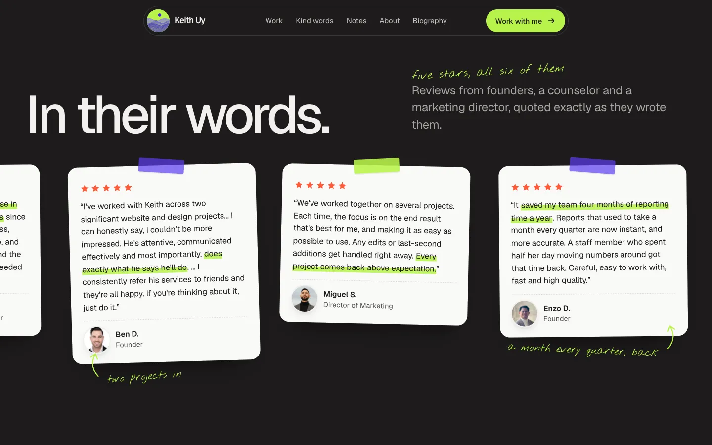 The “In their words” section with client reviews on taped notes.