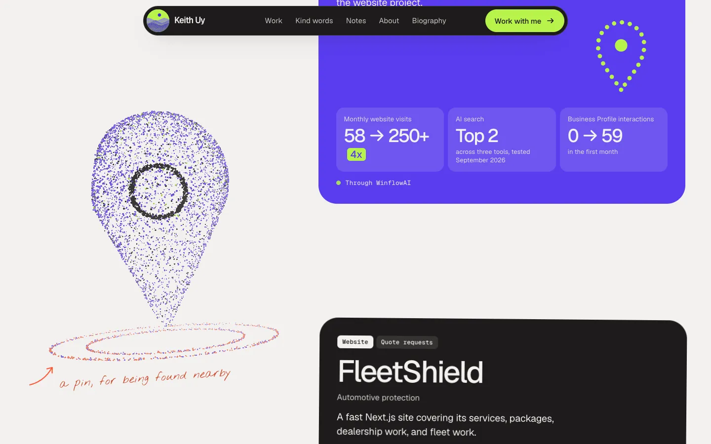 A project on the keithuy.com homepage, with its results and a map pin drawn in dots.